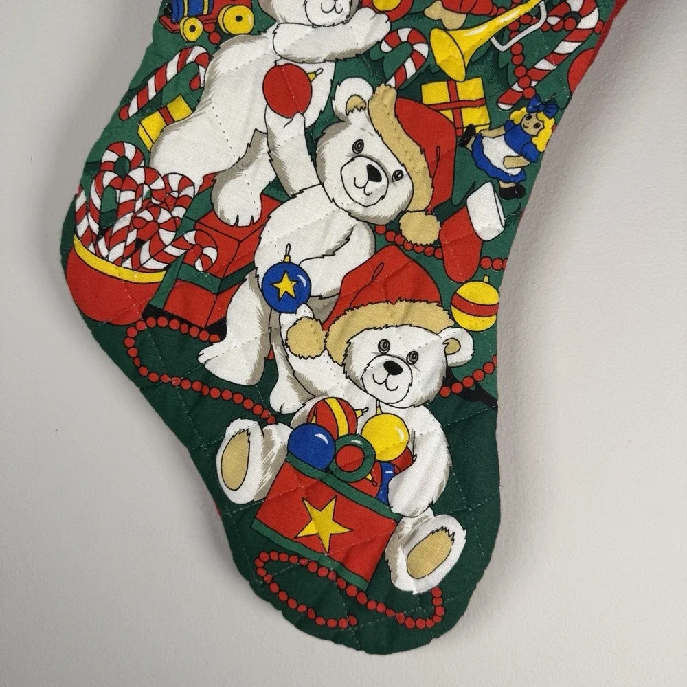 Vintage Handmade Cloth Christmas Stocking Bear Christmas‎ Tree Star Red Holiday